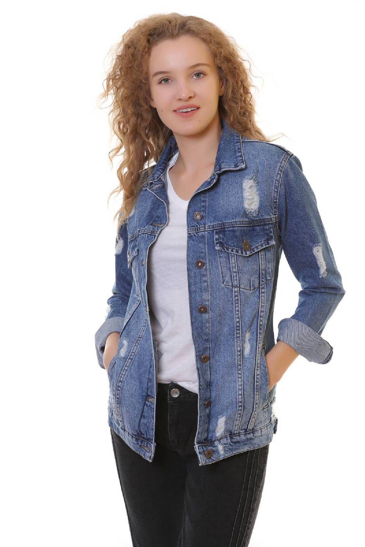 Lazer Yırtıklı ve Klasik Yakalı Uzun Kollu Cepli Klasik Kadın Kot Ceket Koyu Mavi Denim Dört Mevsim Lazer Yırtıklı ve Klasik Yakalı Uzun Kollu Cepli Klasik Kadın Kot Ceket Koyu Mavi Denim Dört Mevsim