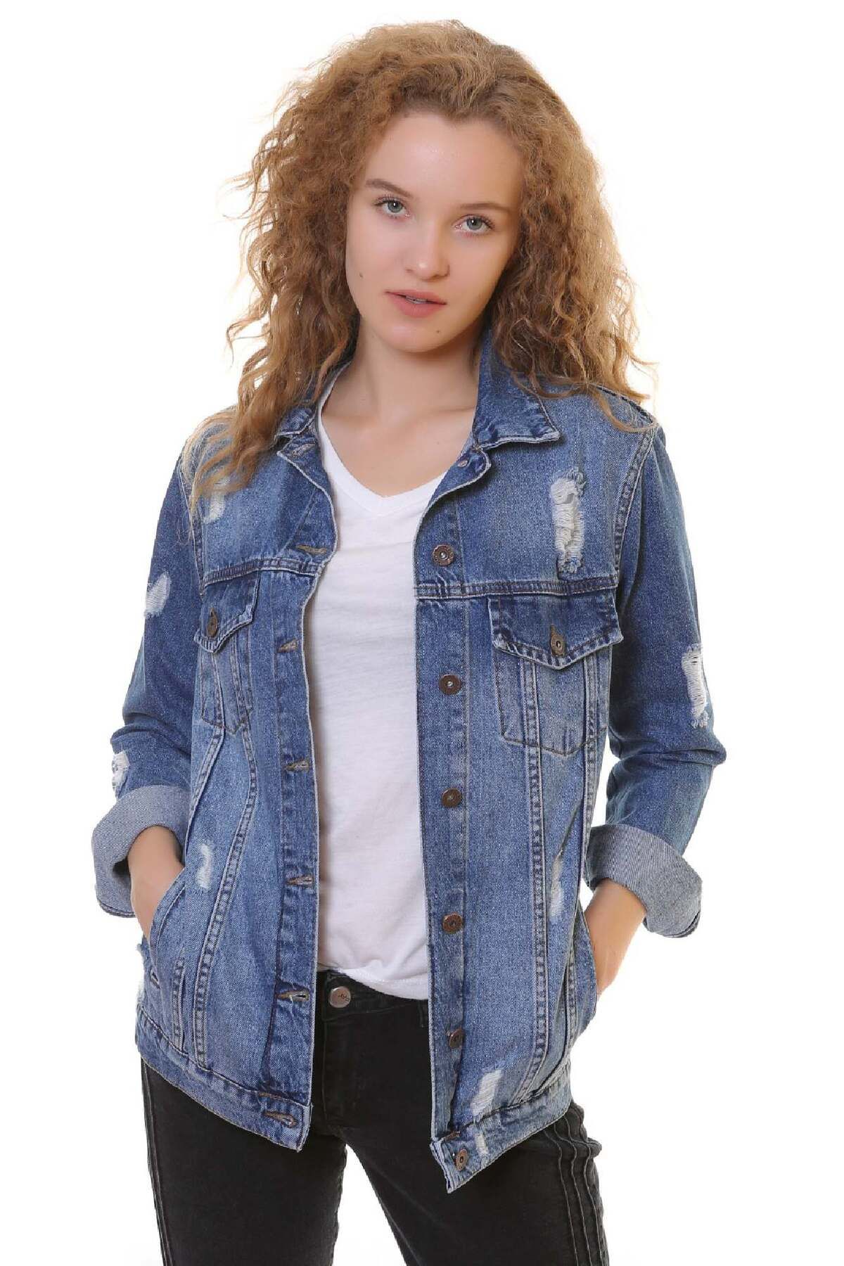 Lazer Yırtıklı ve Klasik Yakalı Uzun Kollu Cepli Klasik Kadın Kot Ceket Koyu Mavi Denim Dört Mevsim Lazer Yırtıklı ve Klasik Yakalı Uzun Kollu Cepli Klasik Kadın Kot Ceket Koyu Mavi Denim Dört Mevsim