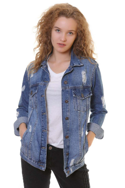 Lazer Yırtıklı ve Klasik Yakalı Uzun Kollu Cepli Klasik Kadın Kot Ceket Koyu Mavi Denim Dört Mevsim Lazer Yırtıklı ve Klasik Yakalı Uzun Kollu Cepli Klasik Kadın Kot Ceket Koyu Mavi Denim Dört Mevsim