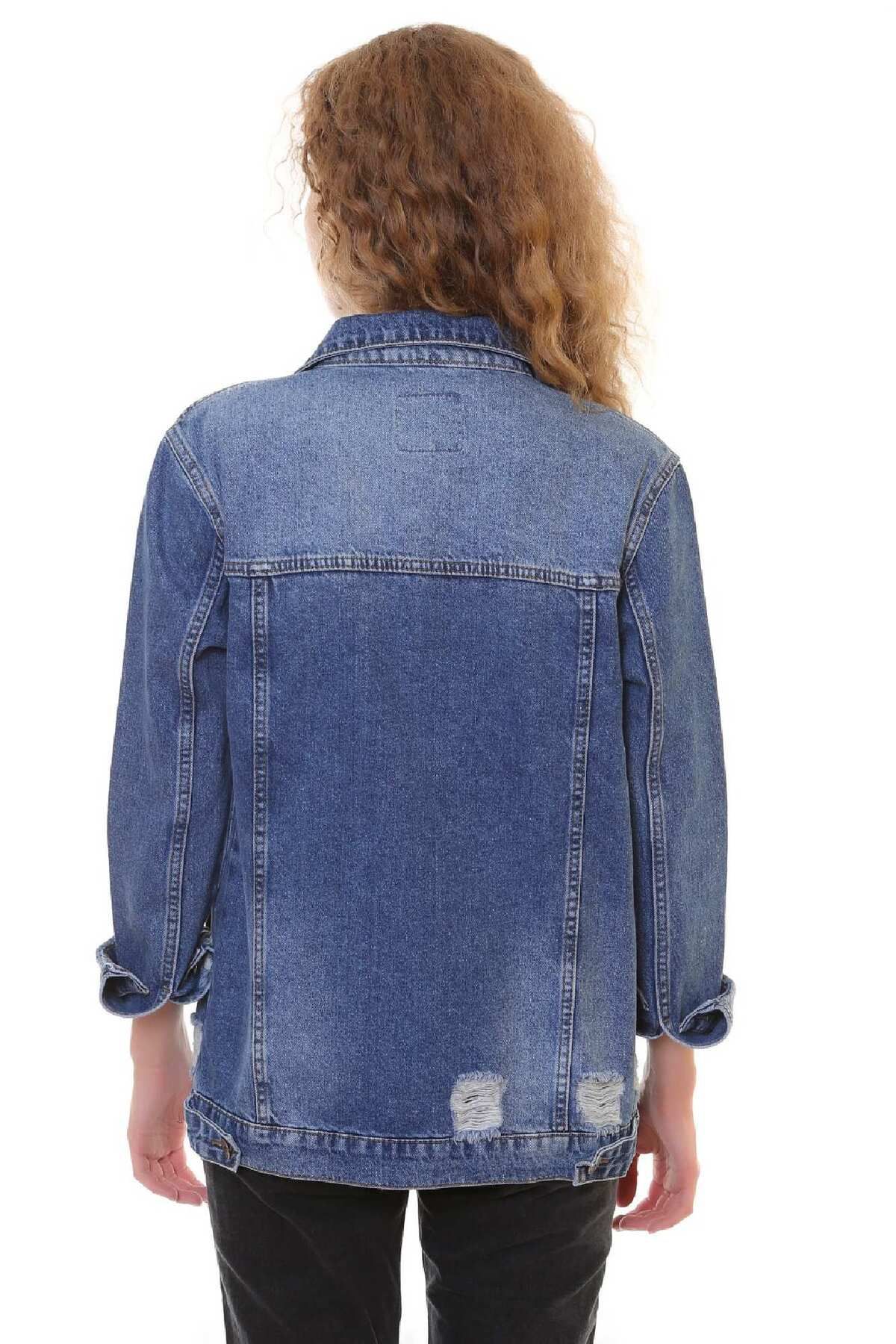 Lazer Yırtıklı ve Klasik Yakalı Uzun Kollu Cepli Klasik Kadın Kot Ceket Koyu Mavi Denim Dört Mevsim Lazer Yırtıklı ve Klasik Yakalı Uzun Kollu Cepli Klasik Kadın Kot Ceket Koyu Mavi Denim Dört Mevsim