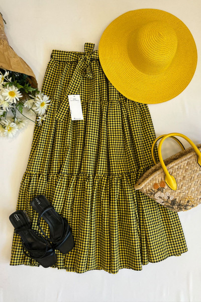 Sarı Siyah Pötikare Kat Kat Etek Sarı Siyah Pötikare Kat Kat Etek