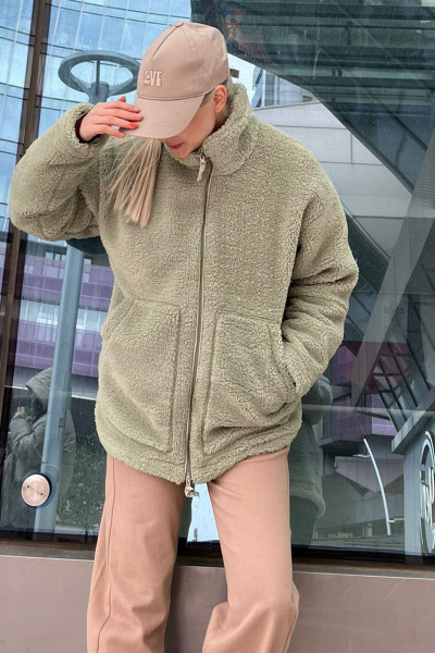 Mint Yeşili Yüksek Yakalı Cepli Peluş Mont MG1948 Mint Yeşili Yüksek Yakalı Cepli Peluş Mont MG1948