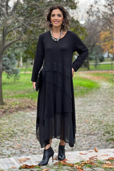 Tül Detaylı Siyah Uzun Kollu Gotik Kiloları Gizleyen Elbise Tül Detaylı Siyah Uzun Kollu Gotik Kiloları Gizleyen Elbise