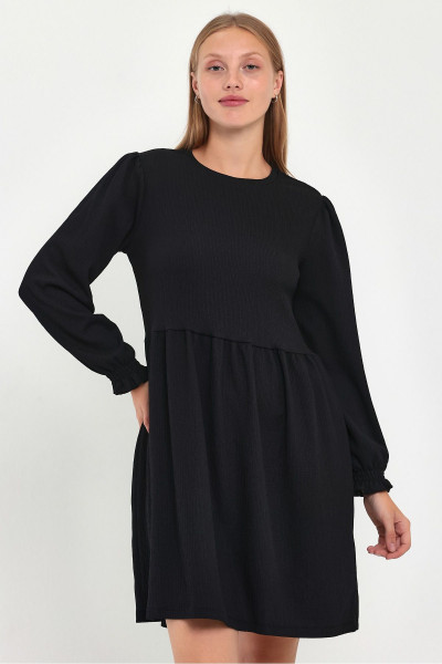 Siyah Uzun Kollu Bisiklet Yaka Bedene Oturan Mini Elbise 0136