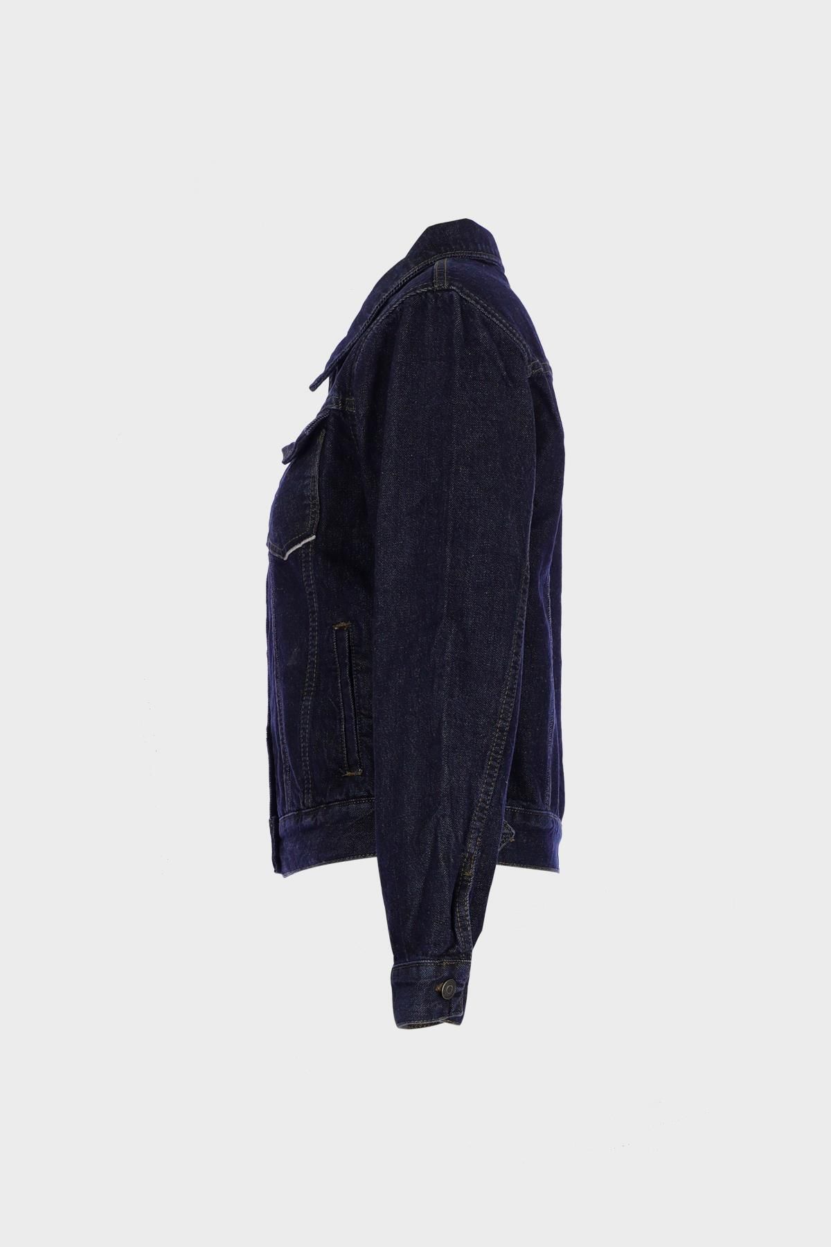 Koyu Mavi Crop Fit Patı Düğmeli Jean Ceket C 4538-194 Koyu Mavi Crop Fit Patı Düğmeli Jean Ceket C 4538-194