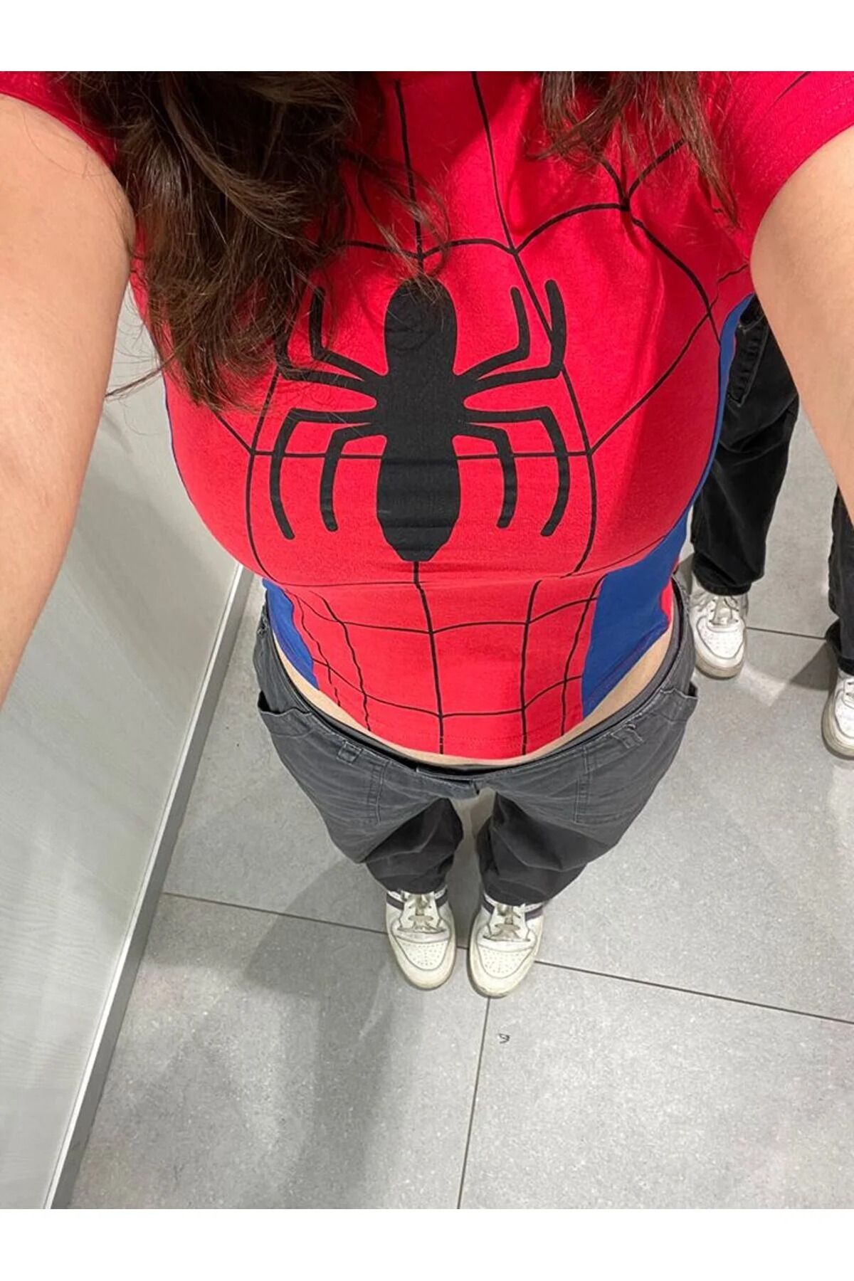 Kırmızı Mavi Detaylı Örümcek Spiderman Kadın Crop Body Kırmızı Mavi Detaylı Örümcek Spiderman Kadın Crop Body