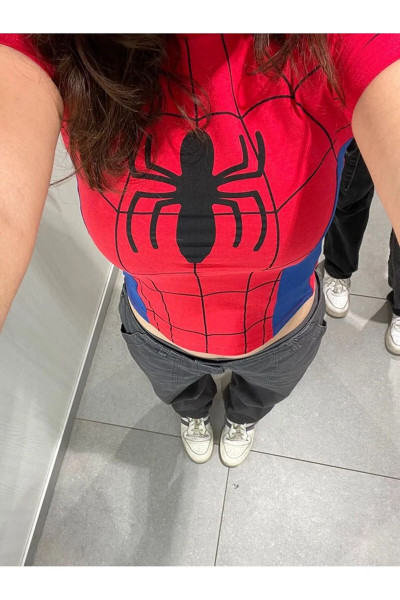 Kırmızı Mavi Detaylı Örümcek Spiderman Kadın Crop Body Kırmızı Mavi Detaylı Örümcek Spiderman Kadın Crop Body
