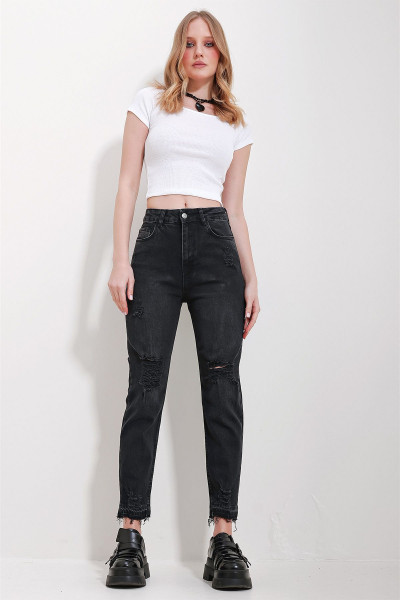 Kadın Siyah Yüksek Bel Cepli Dizleri Eskitmeli Mom Jean ALC-X11562 Kadın Siyah Yüksek Bel Cepli Dizleri Eskitmeli Mom Jean ALC-X11562