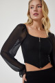 Kadın Siyah Şifon Balın Kollu Fermuarlı Crop Bluz DD01296 Kadın Siyah Şifon Balın Kollu Fermuarlı Crop Bluz DD01296