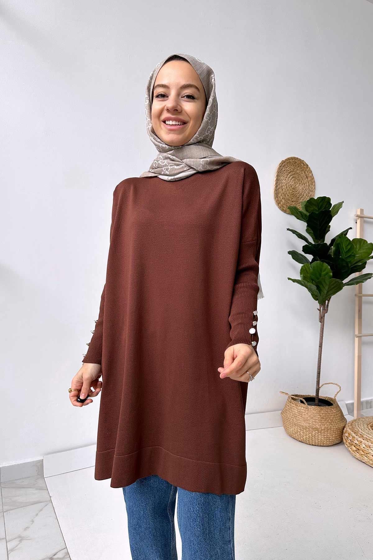 Kol Detay Merserize Tunik - Kahverengi