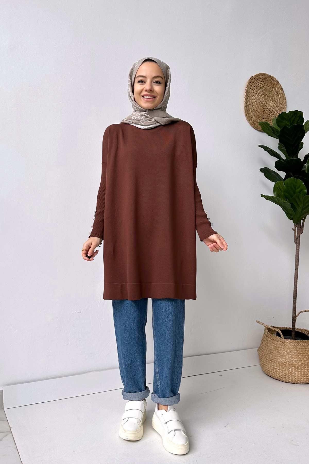 Kol Detay Merserize Tunik - Kahverengi
