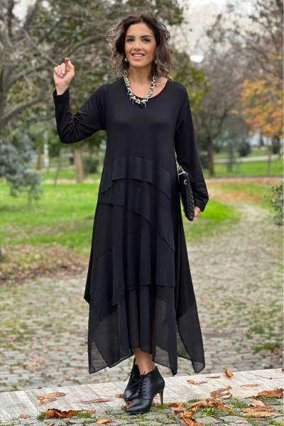 Tül Detaylı Siyah Uzun Kollu Gotik Kiloları Gizleyen Elbise Tül Detaylı Siyah Uzun Kollu Gotik Kiloları Gizleyen Elbise