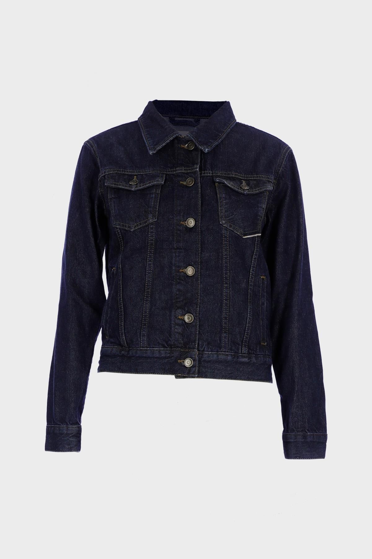 Koyu Mavi Crop Fit Patı Düğmeli Jean Ceket C 4538-194 Koyu Mavi Crop Fit Patı Düğmeli Jean Ceket C 4538-194