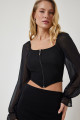 Kadın Siyah Şifon Balın Kollu Fermuarlı Crop Bluz DD01296 Kadın Siyah Şifon Balın Kollu Fermuarlı Crop Bluz DD01296