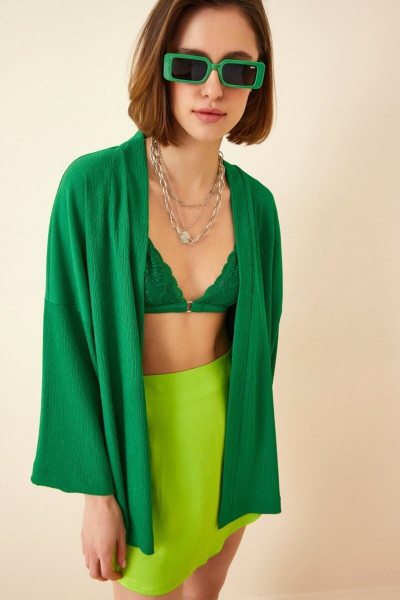 Kadın Yeşil Önü Açık Katlı Yaka Dokulu Mevsimlik Ceket Hzl22s-bd158621