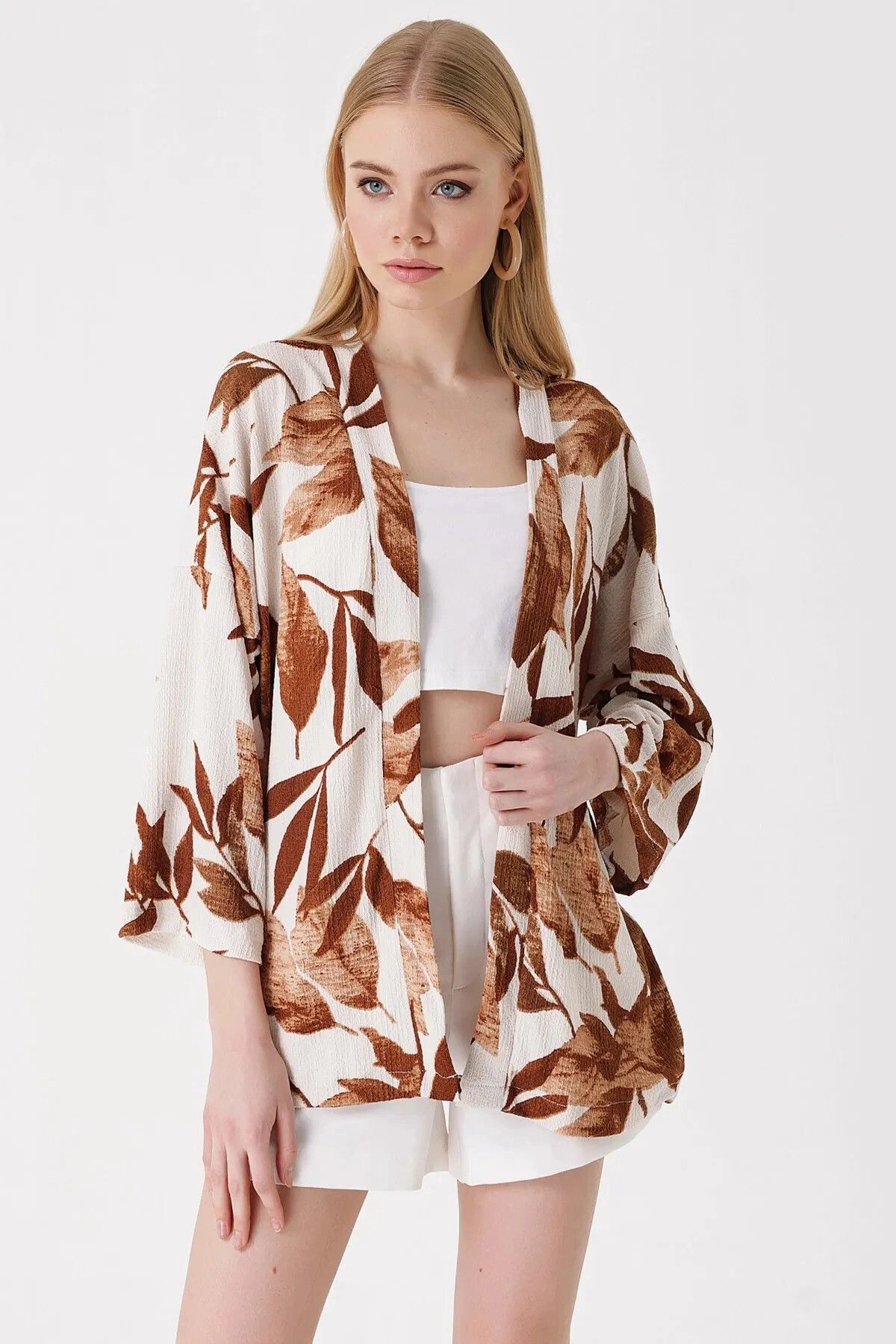Kadın Yaprak Desenli Kiremit Önü Açık Katlı Yaka Dokulu Mevsimlik Ceket Hzl22s-bd158621