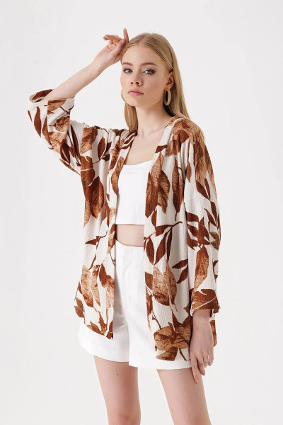 Kadın Yaprak Desenli Kiremit Önü Açık Katlı Yaka Dokulu Mevsimlik Ceket Hzl22s-bd158621