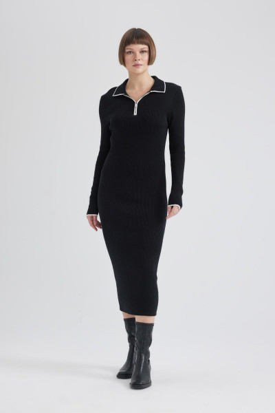 Regular Fit Polo Yaka Yarım Fermuarlı Basic Düz Uzun Kollu Maxi Triko Elbise C1493ax24sp Regular Fit Polo Yaka Yarım Fermuarlı Basic Düz Uzun Kollu Maxi Triko Elbise C1493ax24sp