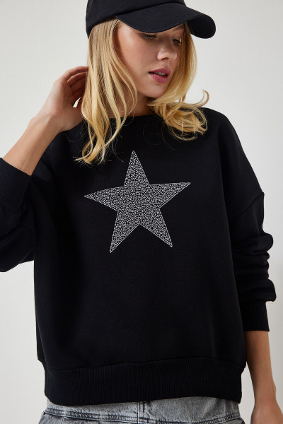 Kadın Siyah Yıldız İşlemeli Şardonlu Örme Sweatshirt UB00237 Kadın Siyah Yıldız İşlemeli Şardonlu Örme Sweatshirt UB00237