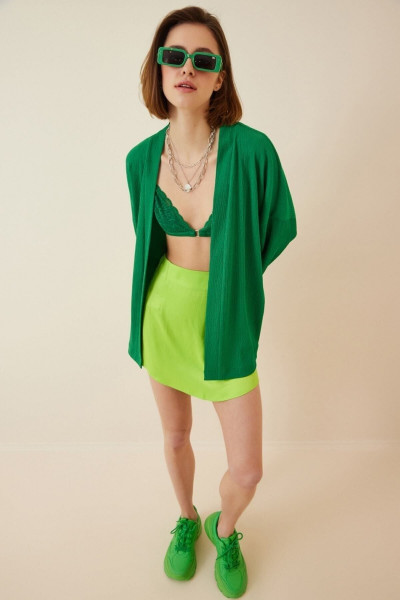 Kadın Yeşil Önü Açık Katlı Yaka Dokulu Mevsimlik Ceket Hzl22s-bd158621