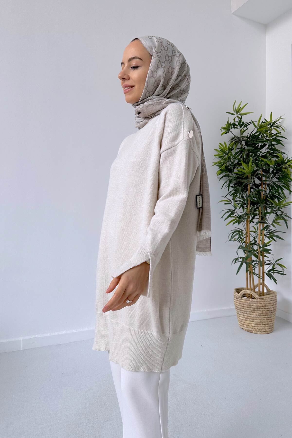 Yumoş Düğmeli Tunik - Krem