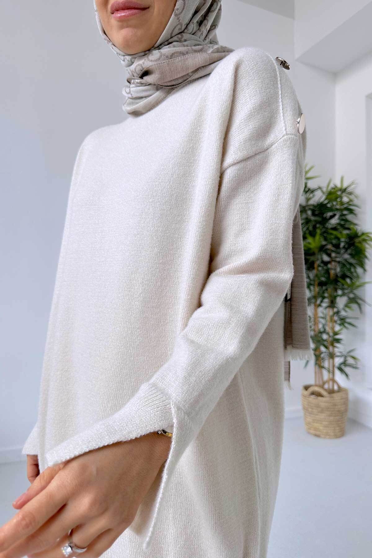 Yumoş Düğmeli Tunik - Krem