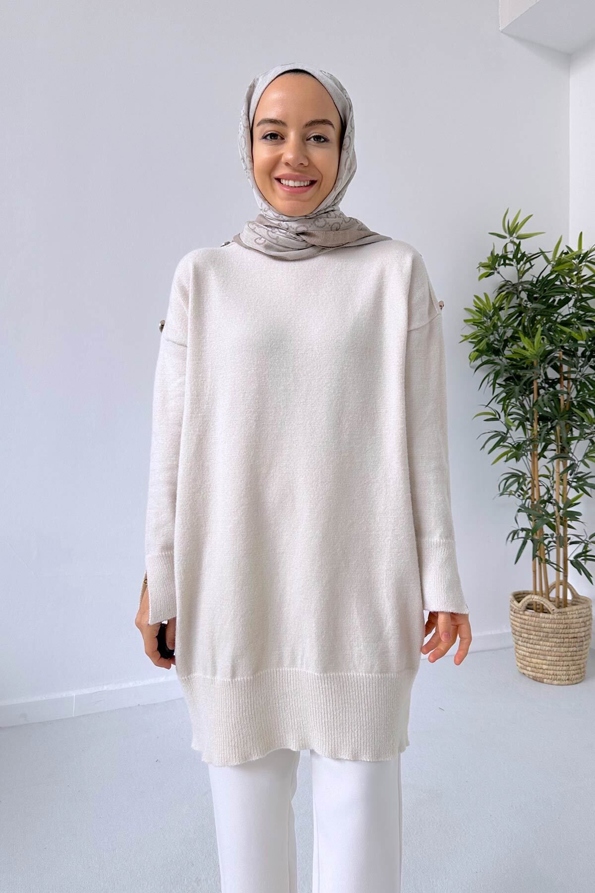 Yumoş Düğmeli Tunik - Krem