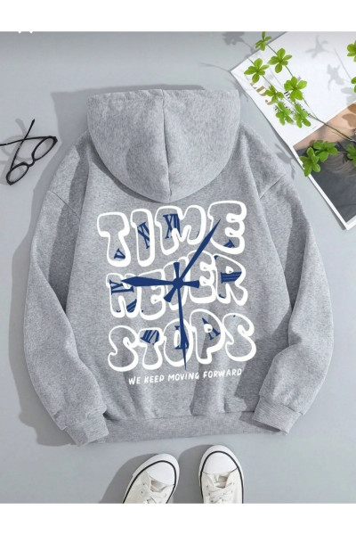 Time Never Baskılı Oversize Kapüşonlu Sweatshirt Time Never Baskılı Oversize Kapüşonlu Sweatshirt