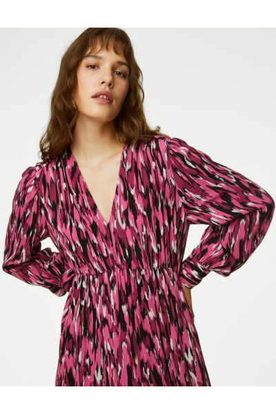 V Yaka Desenli Midi Elbise