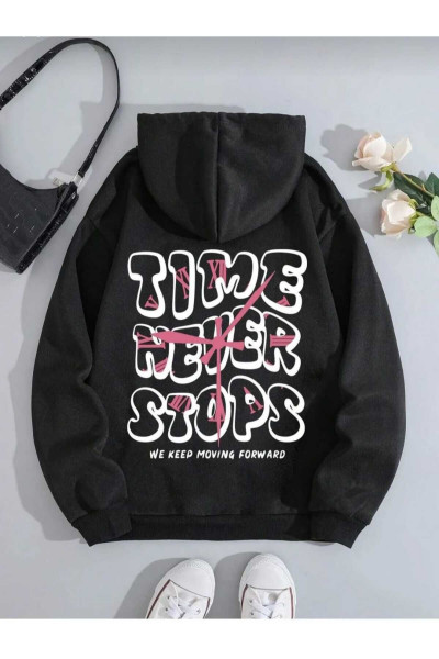 Time Never Baskılı Oversize Kapüşonlu Sweatshirt Time Never Baskılı Oversize Kapüşonlu Sweatshirt