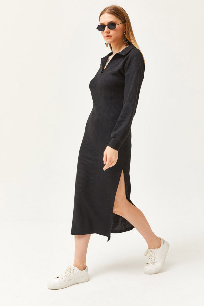 Kadın Siyah Polo Yaka Yırtmaçlı Şardonlu Midi Elbise ELB-19002050 Kadın Siyah Polo Yaka Yırtmaçlı Şardonlu Midi Elbise ELB-19002050