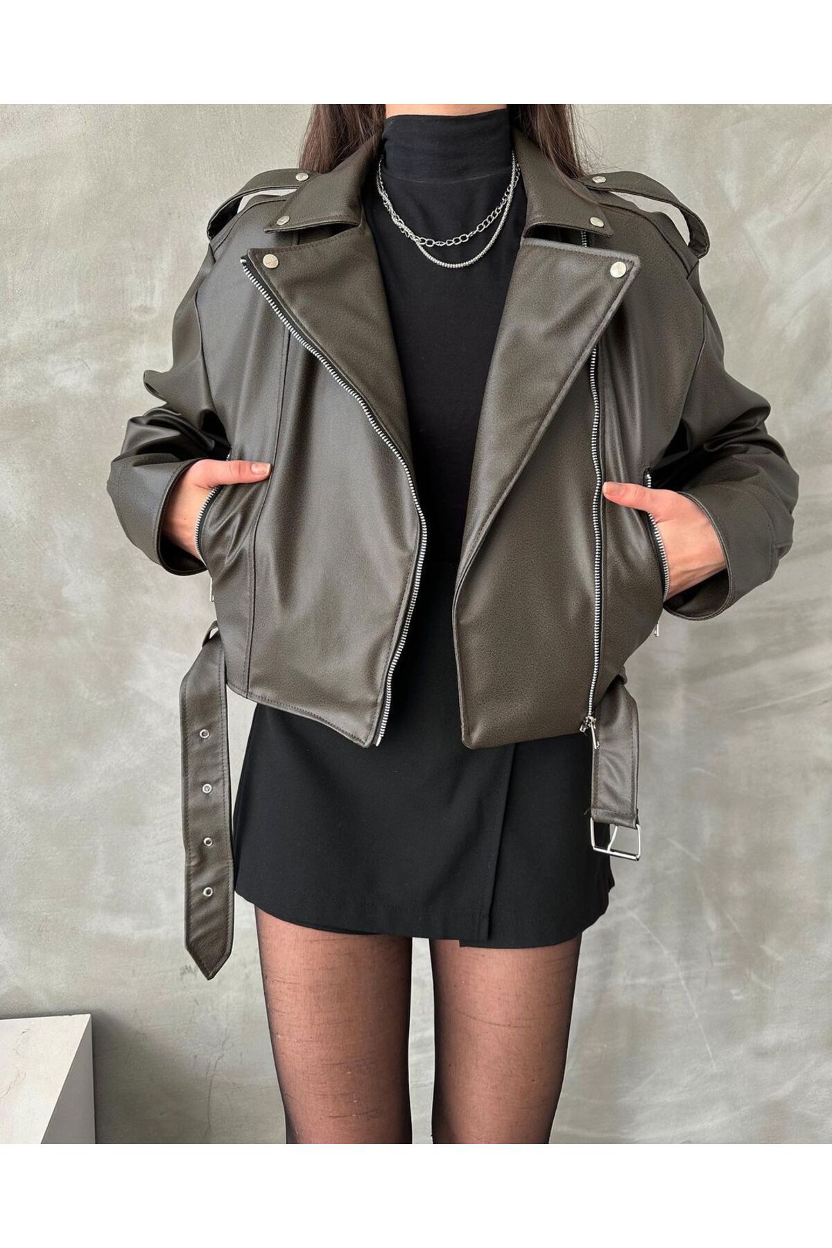 Yeni Sezon Oversize Yeşil Biker Suni Deri Ceket Yeni Sezon Oversize Yeşil Biker Suni Deri Ceket