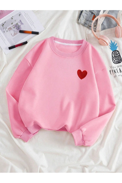 Kırmızı Minimal Kalp Sweatshirt - Pembe Baskılı Oversize Kalın Kışlık Bisiklet Yaka Kırmızı Minimal Kalp Sweatshirt - Pembe Baskılı Oversize Kalın Kışlık Bisiklet Yaka