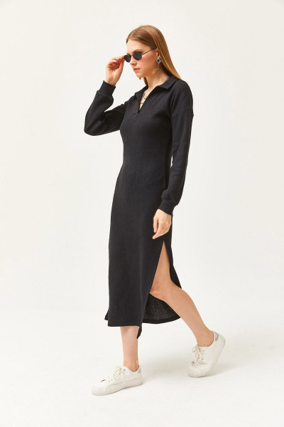 Kadın Siyah Polo Yaka Yırtmaçlı Şardonlu Midi Elbise ELB-19002050 Kadın Siyah Polo Yaka Yırtmaçlı Şardonlu Midi Elbise ELB-19002050