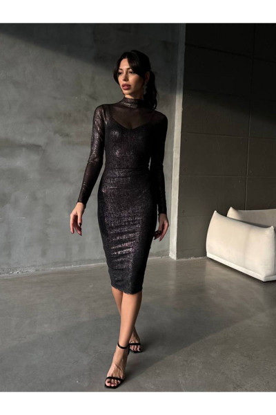 Kadın Siyah Parlak Tül Midi Boy Elbise Kadın Siyah Parlak Tül Midi Boy Elbise