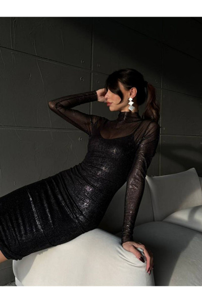 Kadın Siyah Parlak Tül Midi Boy Elbise Kadın Siyah Parlak Tül Midi Boy Elbise