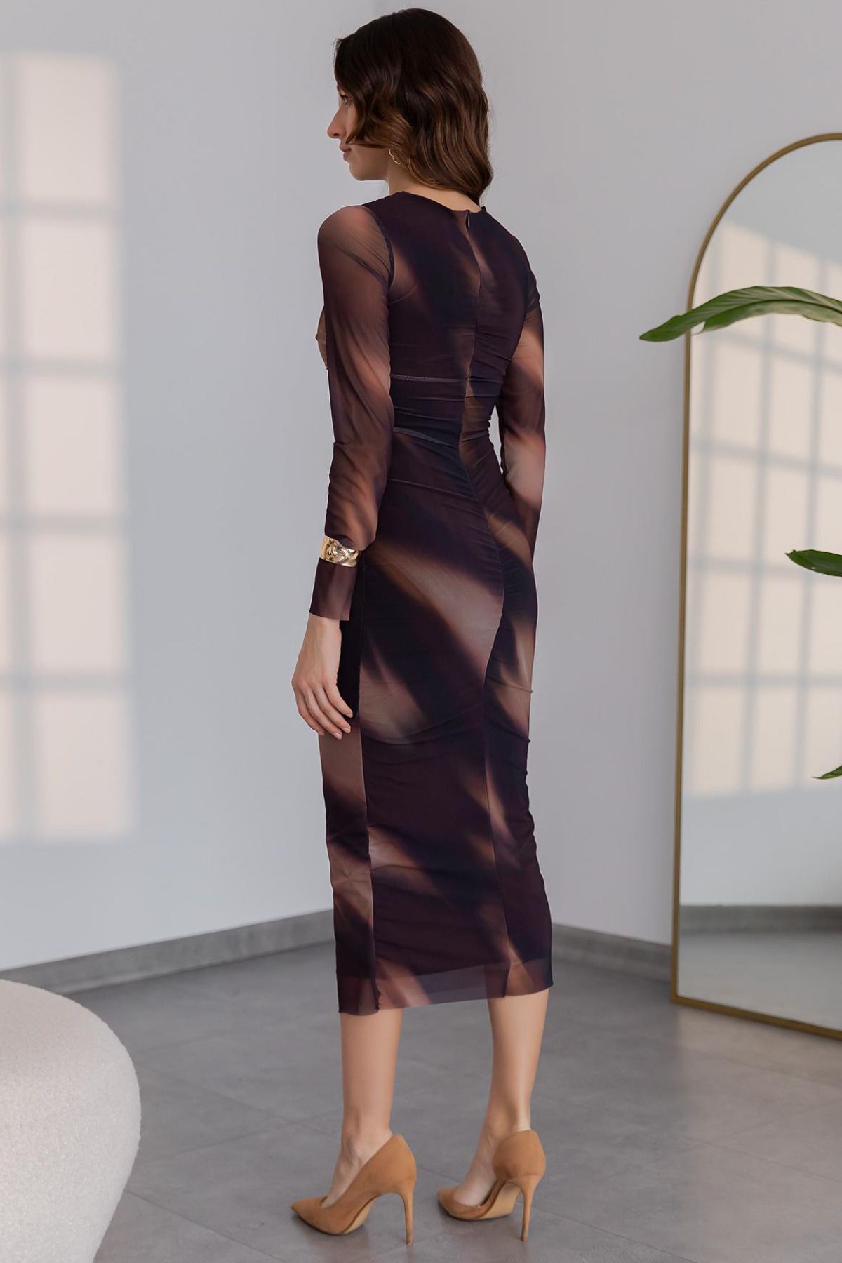 Kahve Kailey Tül Drape Detay Maxi Elbise