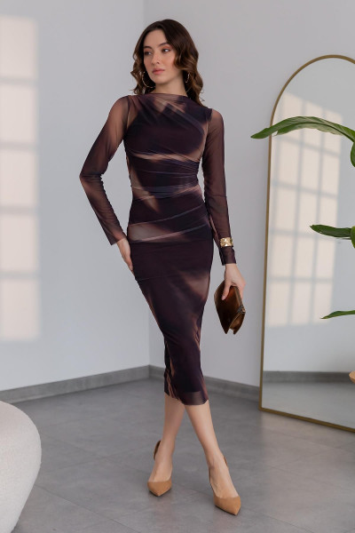 Kahve Kailey Tül Drape Detay Maxi Elbise