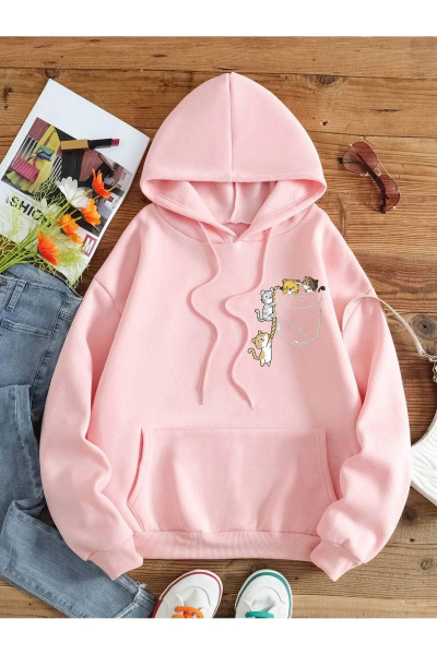 Kadın Renkli Cat Özel Göğüs Baskılı Oversize Pamuklu Kapüşonlu Sweatshirt Kadın Renkli Cat Özel Göğüs Baskılı Oversize Pamuklu Kapüşonlu Sweatshirt