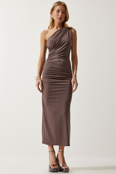Kadın Vizon Tek Omuz Büzgülü Saran Sandy Elbise DZ00117 Kadın Vizon Tek Omuz Büzgülü Saran Sandy Elbise DZ00117