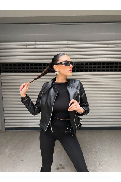Kadın Siyah Motorcu Deri Ceket