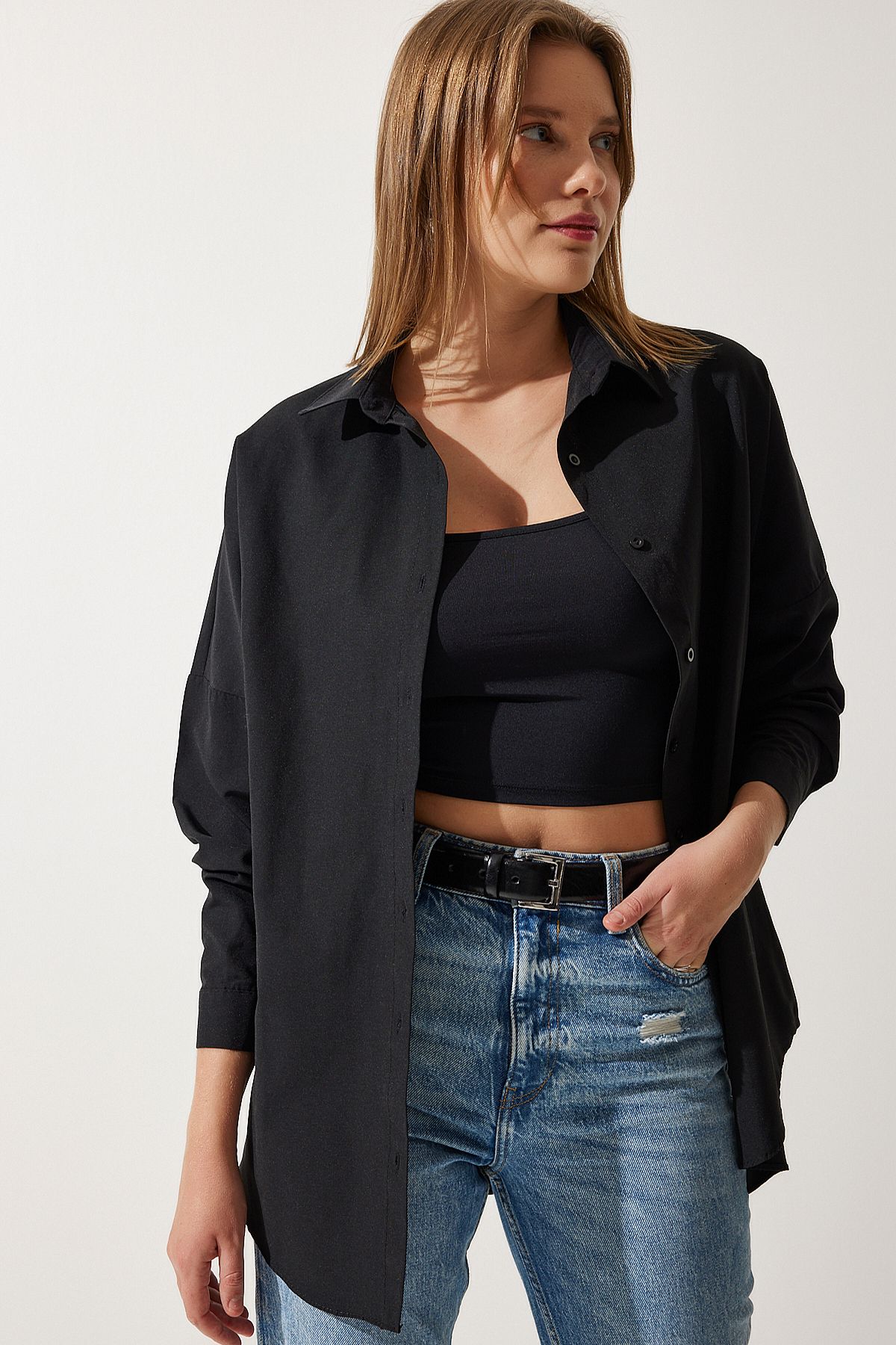 Kadın Siyah Oversize Uzun Basic Gömlek DD00842 Kadın Siyah Oversize Uzun Basic Gömlek DD00842