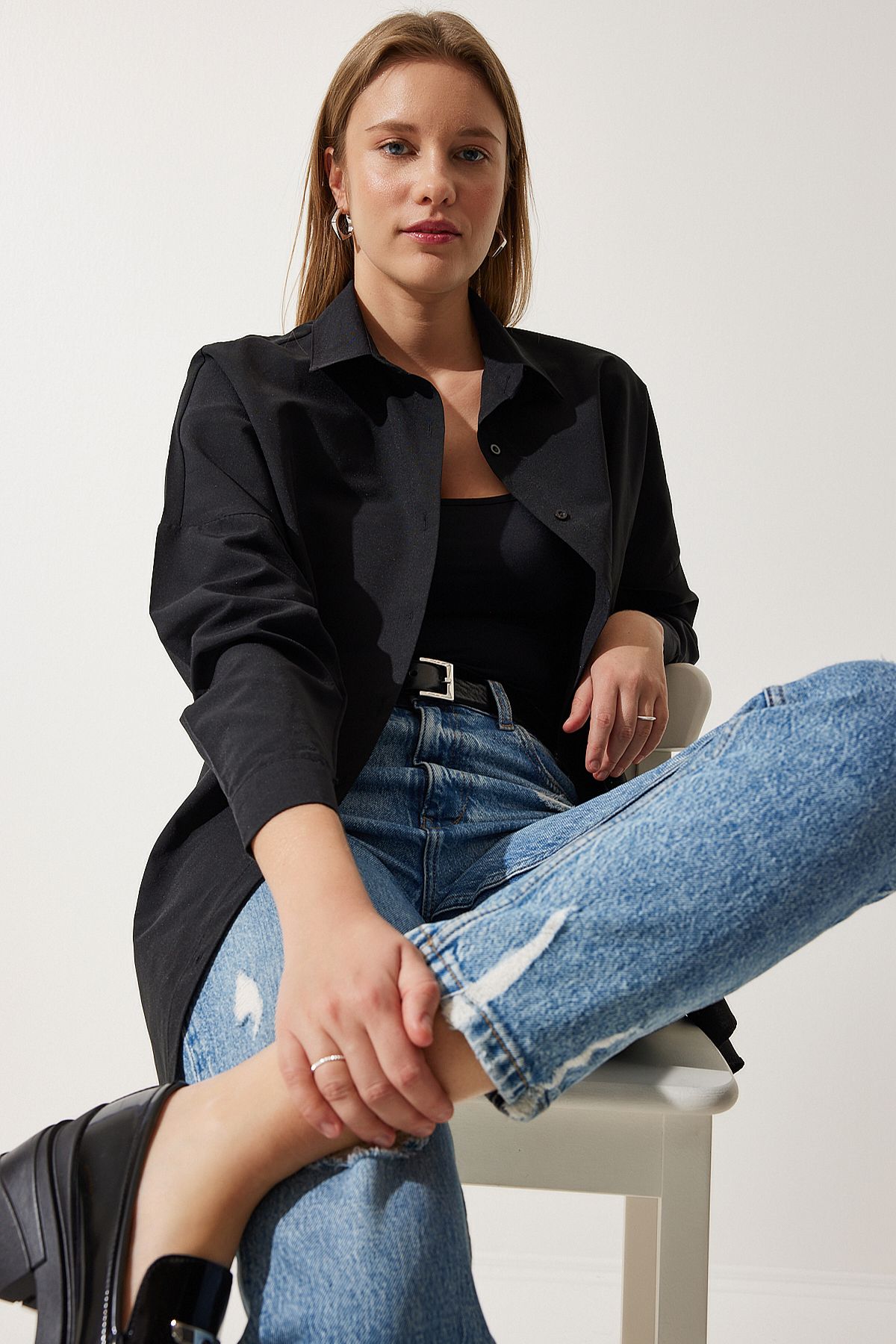 Kadın Siyah Oversize Uzun Basic Gömlek DD00842 Kadın Siyah Oversize Uzun Basic Gömlek DD00842