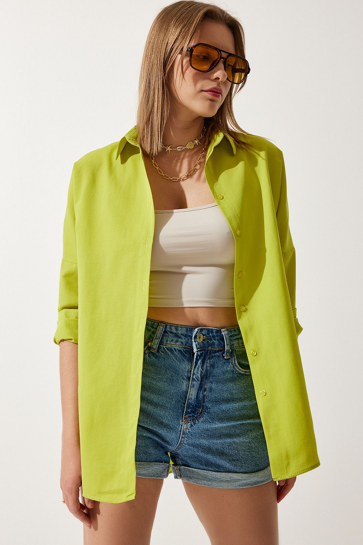 Kadın Yağ Yeşili Oversize Uzun Basic Gömlek  DD00842