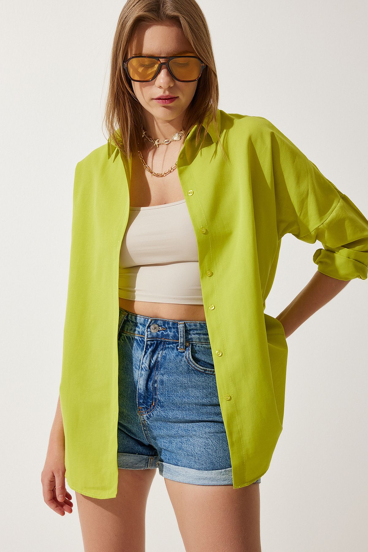 Kadın Yağ Yeşili Oversize Uzun Basic Gömlek  DD00842