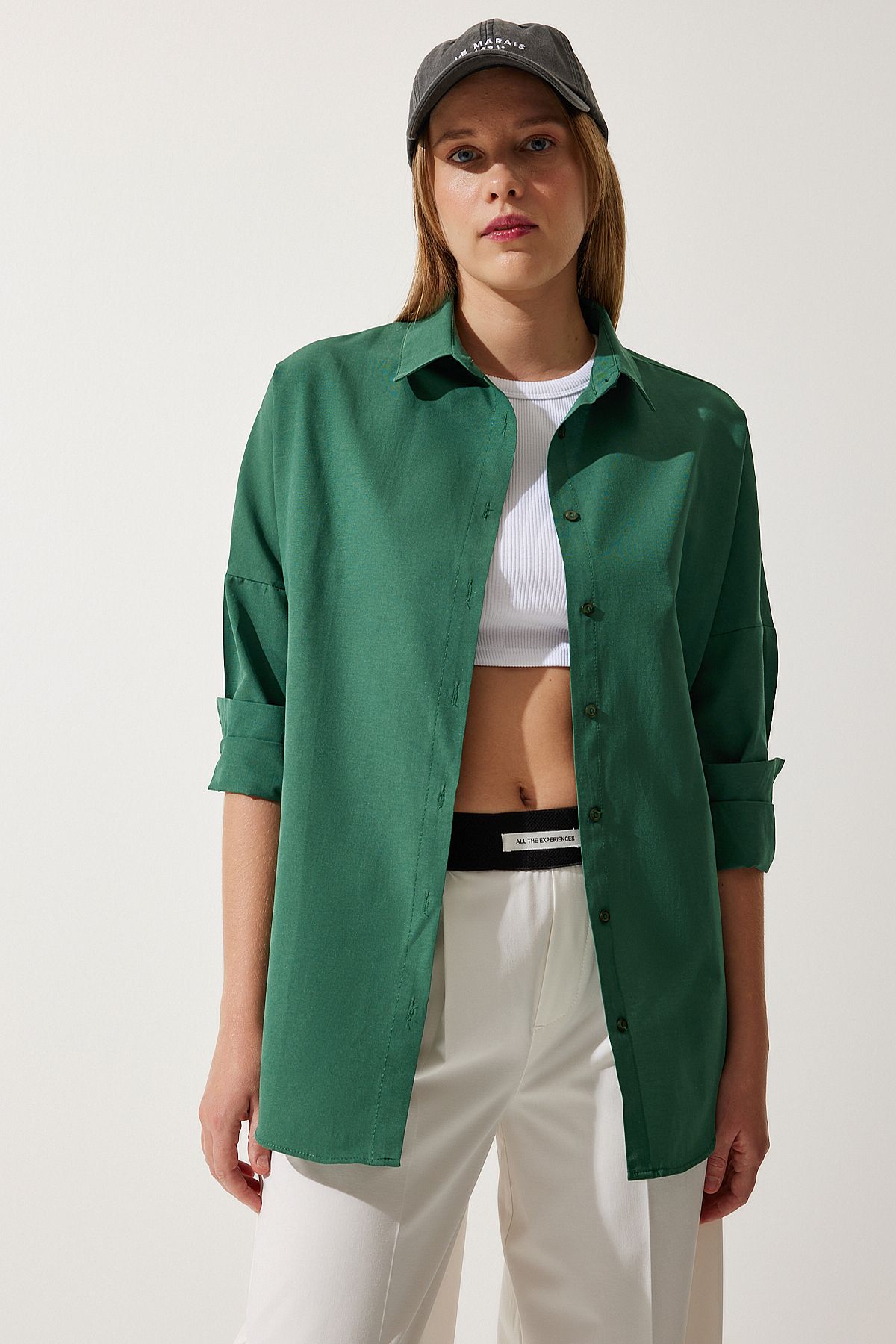 Kadın Zümrüt Yeşili Oversize Uzun Basic Gömlek 3900 DD00842