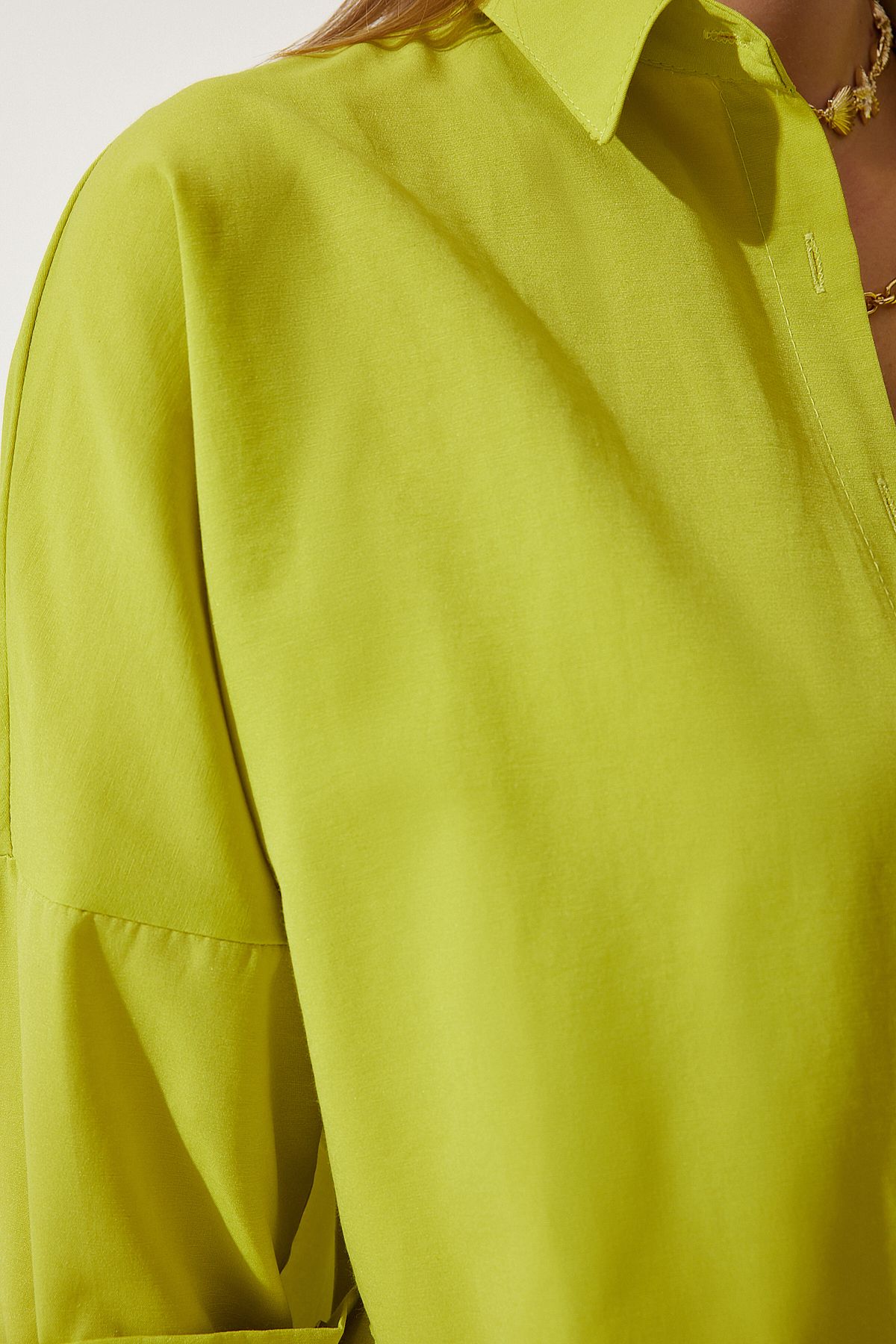 Kadın Yağ Yeşili Oversize Uzun Basic Gömlek  DD00842