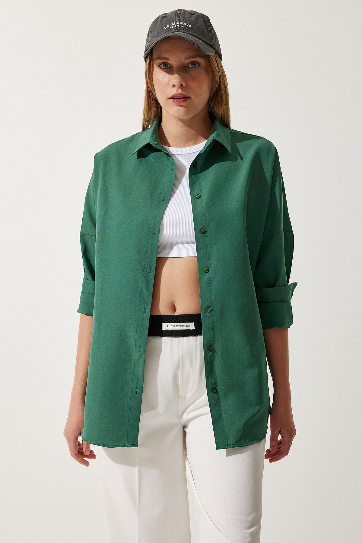 Kadın Zümrüt Yeşili Oversize Uzun Basic Gömlek 3900 DD00842
