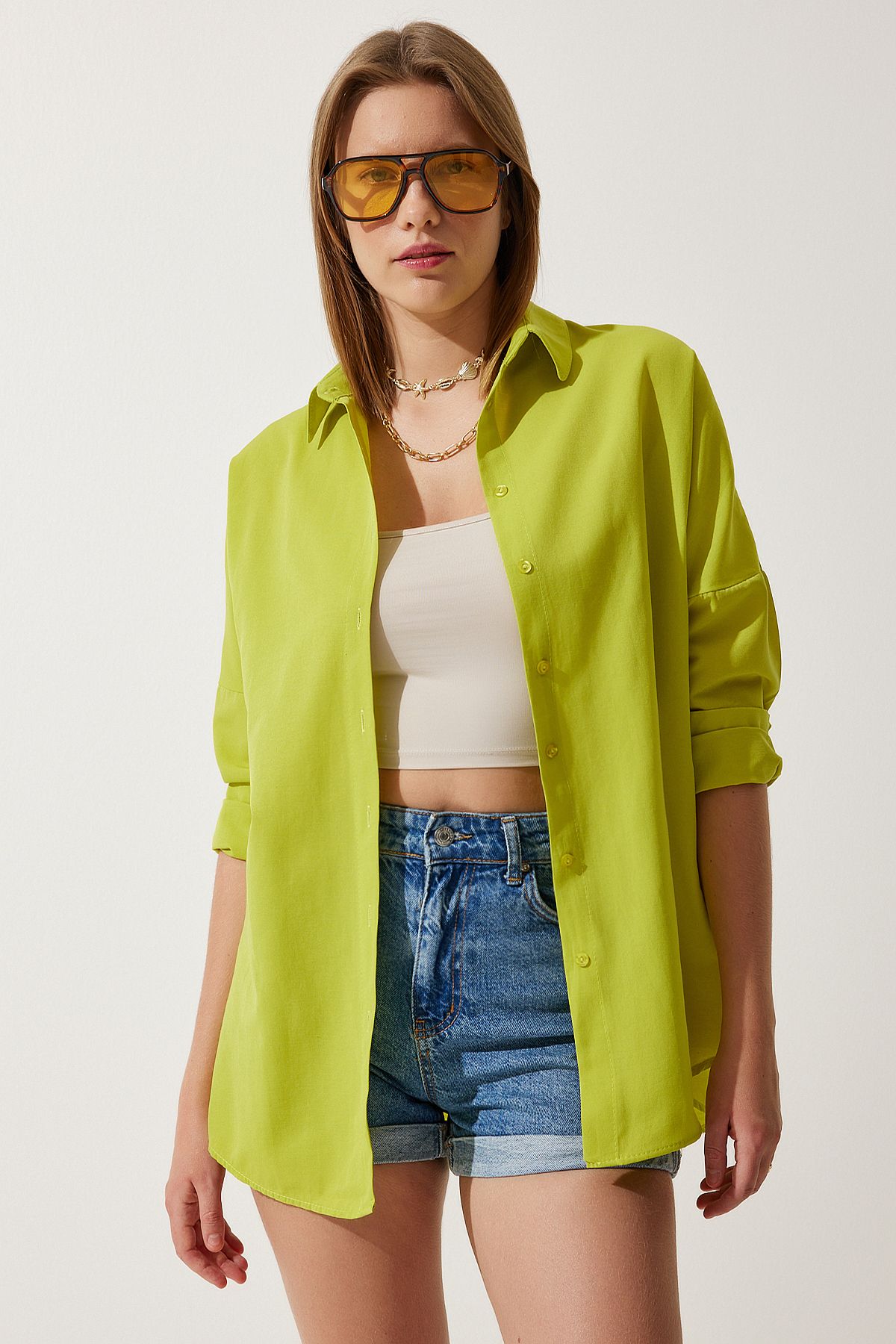 Kadın Yağ Yeşili Oversize Uzun Basic Gömlek  DD00842