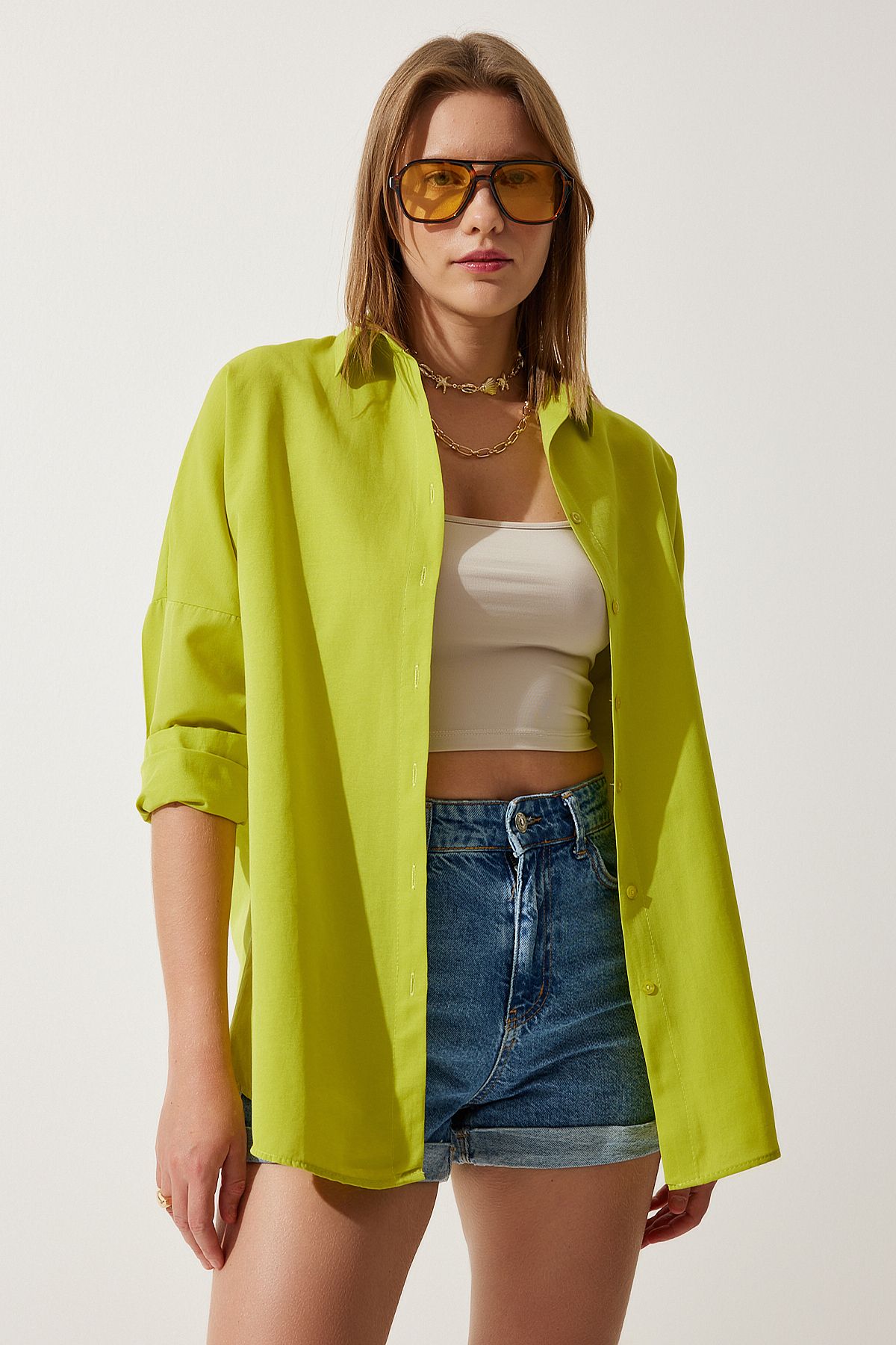 Kadın Yağ Yeşili Oversize Uzun Basic Gömlek  DD00842